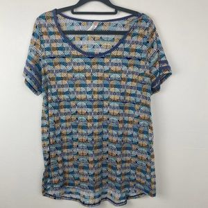 LuLaRoe Pullover Blouse Size Large Short Sleeves Color Blue Yellow